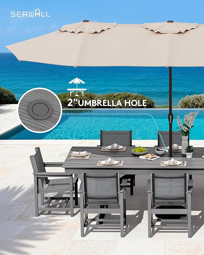 SERWALL 9 Piece Outdoor Dining Set, 84" HDPE Outdoor Large Table and Texilene Chairs for 8,All Weather Patio Dining Furniture Set with Umbrella Hole for Backyard, Garden, Gray