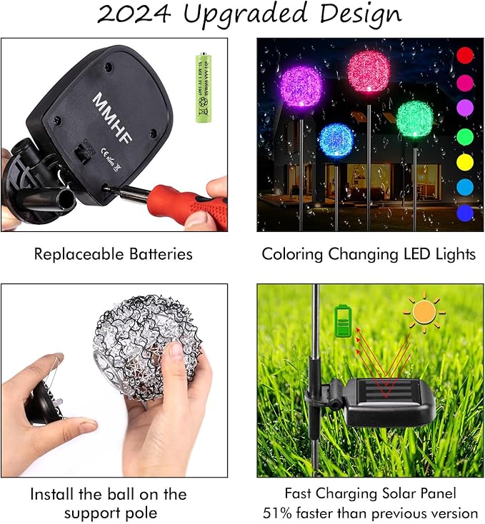 Solar Garden Lights Outdoor, Upgraded Globe Powered Garden Light, Multi-Color Changing LED Solar Stake Lights for Patio Backyard Pathway Party Decoration (Stainless Steel, 2 Pack)