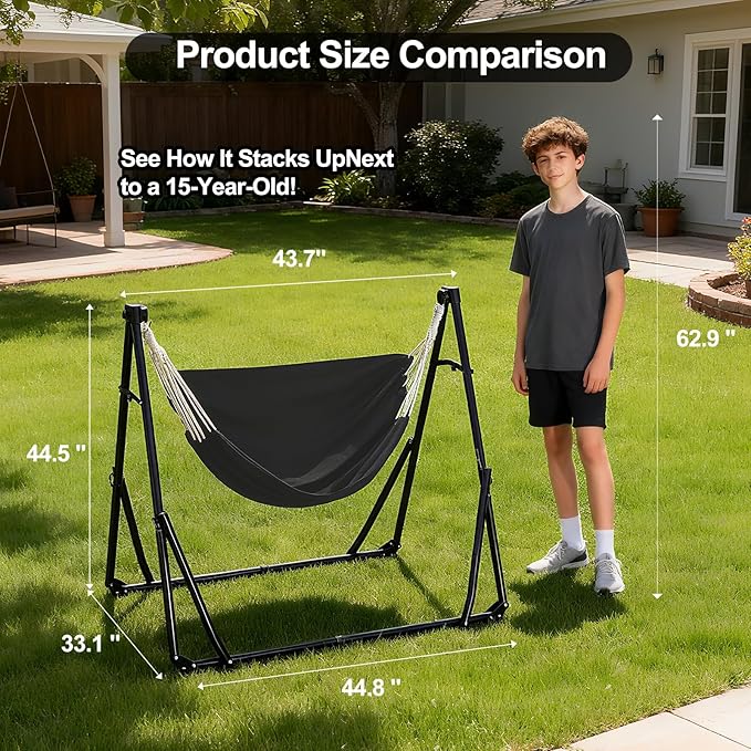 2-in-1 Hammock & Swing Chair for Teens – Adjustable Folding Chair with Collapsible Steel Stand, Portable for Camping, Travel, Patio & Indoor Use, Includes Carrying Case, Supports 440 LBS