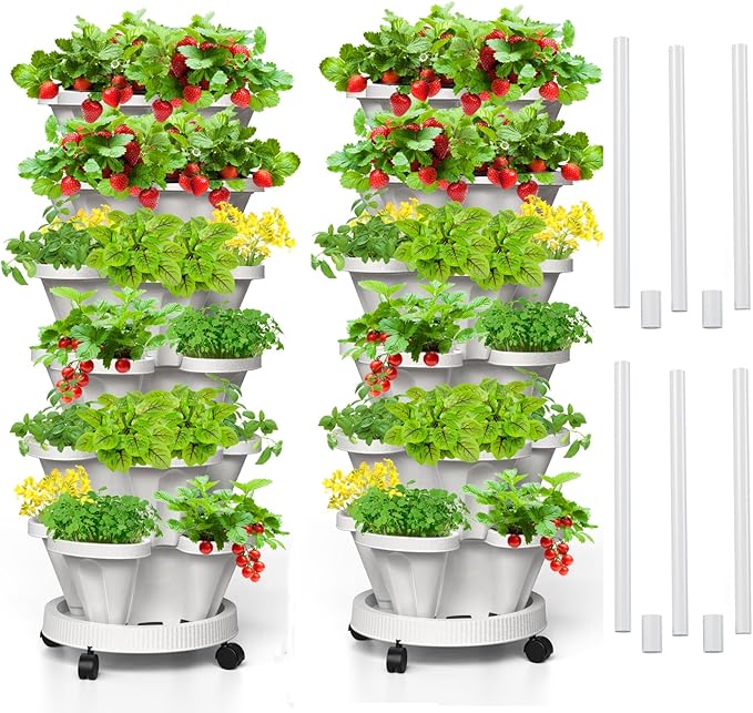 6 Tiered Strawberry Vertical Planters 2 Pack, Stacking Tower Garden with Support Pole, Stackable Herb Vegetable Planter Indoor Outdoor White