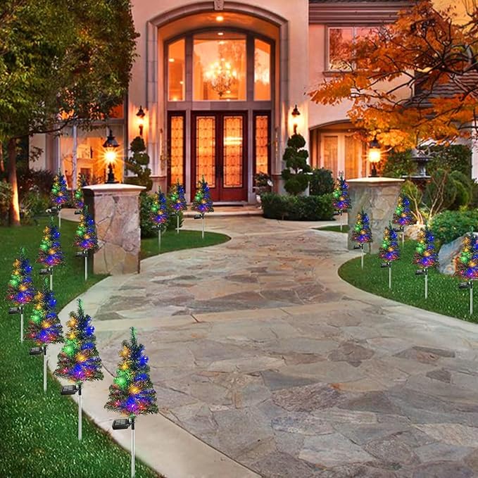 Solar Christmas Tree Garden Stake Lights Waterproof Christmas Decorations Tree Lights Outdoor Xmas Tree Light Christmas décor Pathway Lights Patio Yard (Color, 2pcs