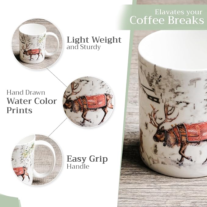 Maison d' Hermine Coffee Mug with Handles Tea Cups (15 Ounce, Pack of 1) | Fine Bone China Coffee Mugs for Hot Beverages Cappuccino Latte Home Hotel Spring Summer -Christmas Tradition - Reindeer