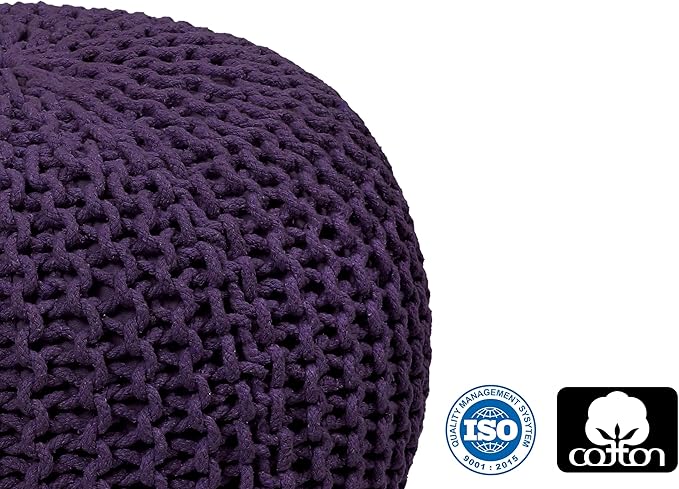 COTTON CRAFT Round Dori Pouf - Cotton Braid Cord Cable Knitted Ottoman - Foot Stool - Footrest - Floor Pouf - Woven Ottoman - Bean Bag - Living Room Dorm - 20 inches Diameter x 14 Height - Deep Plum