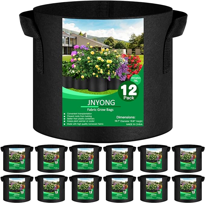NYONG 12-Pack 20 Gallon Thickened Non-Woven Grow Bags, Aeration Fabric Pots with Handles(Black)