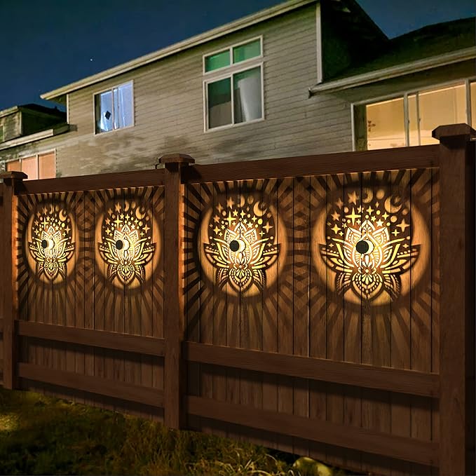 2 Pack Solar Fence Lights Metal Solar Powered Outdoor Wall Deck Lights Lotus Theme Waterproof Fence Light for Garden Post Patio Backyard Yard Decor (Lotus, 2 Pack)