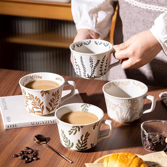Coffee Mugs Set of 4 with Gold Spoon, 11 oz Ancient Style Hand-painted Ceramic Mug Gifts for Men Women, Unique Personality Gifts for Home Kitchen Office, Dishwasher Microwave Safe