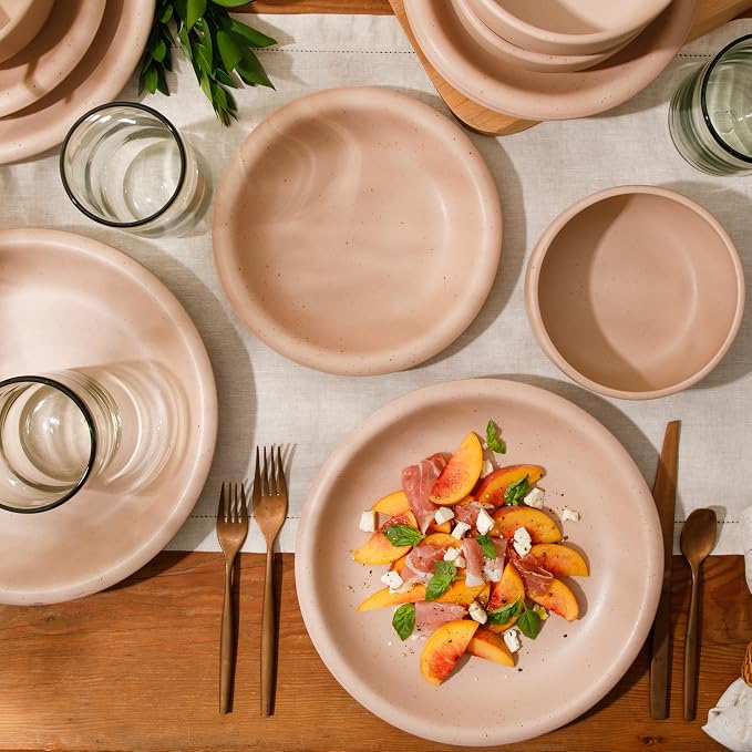 Bloomhouse - Two Time Oprah's Favorite Things Winner - Corsica Clay 12 Piece Stoneware Rustic Reactive Glaze Dinnerware Set - Stackable Plates and Bowls Set. Service for 4 - Matte Prosecco Blush Pink