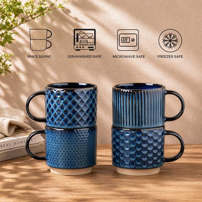 GBhome 12 OZ Stackable Coffee Mugs Set of 4, Ceramic Coffee Cups Set | Coffe Cups With Saucer and Stand, Dishwasher&Microwave Safe, 4 Assorted Designs