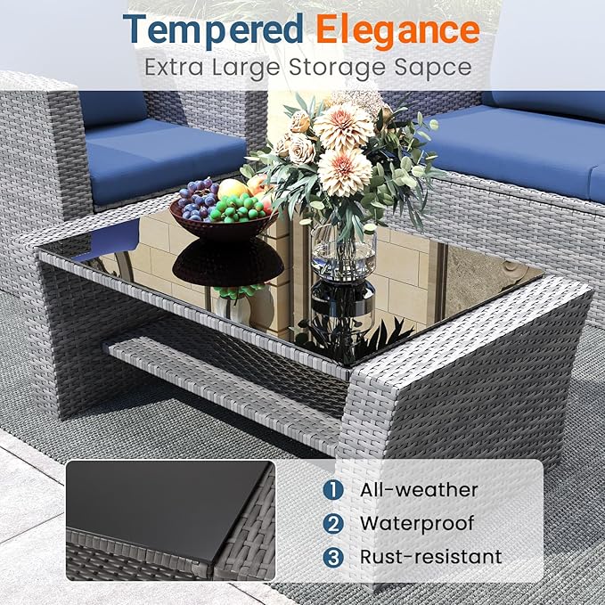 Wisteria Lane 4 Piece Patio Furniture Set, Wicker Outdoor Patio Conversation Furniture Set, All Weather Outdoor Patio Sofa with Cushion and Glass Table, Blue