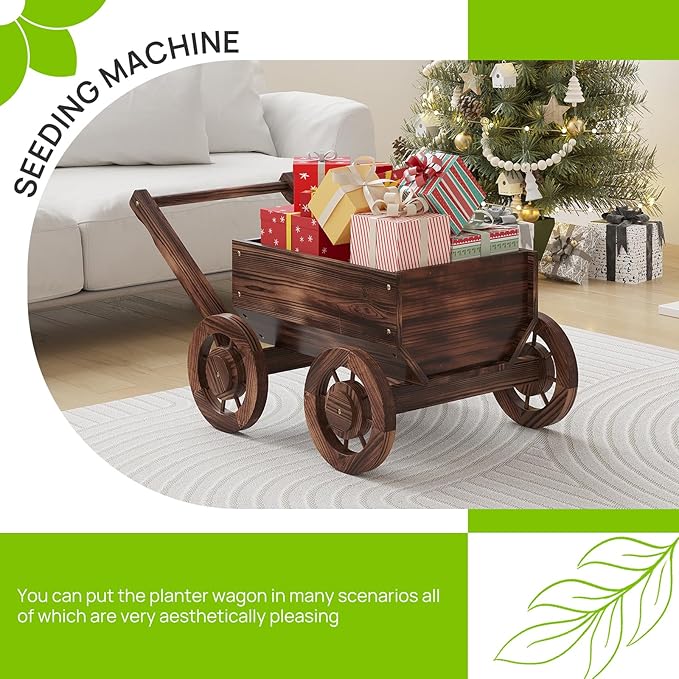 Wooden Flower Cart with Wheels Wooden Wagon Planter Outdoor Garden Planter Decor Planter Kit for Patio Balcony Trolley Decoration Succulent Flower Pot, Indoor Backyard Balcon Decor(Small)
