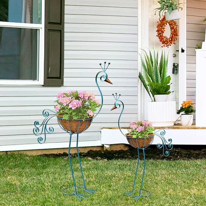 Metal Peacock Planter with Fiber Basket -Garden Bird Planters for Outdoor Indoor Lawn,Yard,Porch,Patio, Garden Decorations(Set of 2)