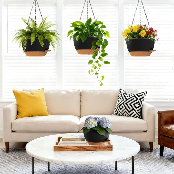 Set of 3-10 Inch Self Watering Hanging Planters for Indoor Outdoor,Hanging Plant Pots with Drainage & Removable Tray, Hanging Pots Holder for Ivy, Pothos, Ferns, Balcony & Patio, Black with Brown