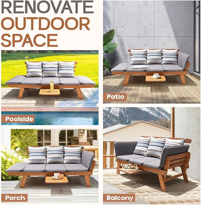 IDZO Amelie Outdoor Daybed Sofa: 750lbs Max Weight Support, Sleeper Chair with Armrest, Coffee Tray, 3 Pillows, FSC Wood, Gray, Ideal for Outdoor Couch