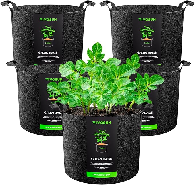 VIVOSUN 5-Pack 7 Gallon Plant Grow Bags, Heavy Duty Thickened Nonwoven Fabric Pots with Handles