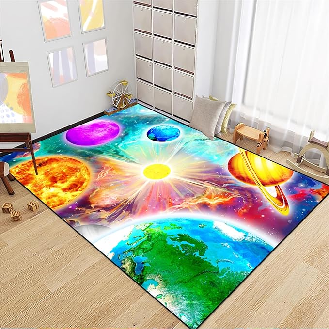 Space Rug for Boys Room - Solar System Rugs for Boys Bedroom Outer Space Area Rug for Boys Bedroom Kids Rugs for Playroom Galaxy Area Rugs for Kids Bedroom Space Rug Living Room,4'5''×6'