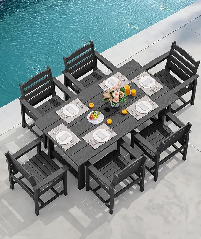 SERWALL Patio Dining Table and Bench Set for 6, Black