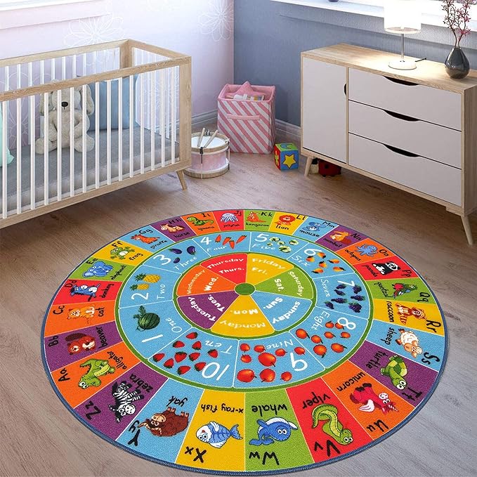 HEBE Kids Play Rug 4ft ABC Alphabet Numbers Shapes Educational Kid Area Rug Washable Baby Crawling Mat Non Slip Kid Play Mat Carpet for Girl Boy Bedroom Playroom