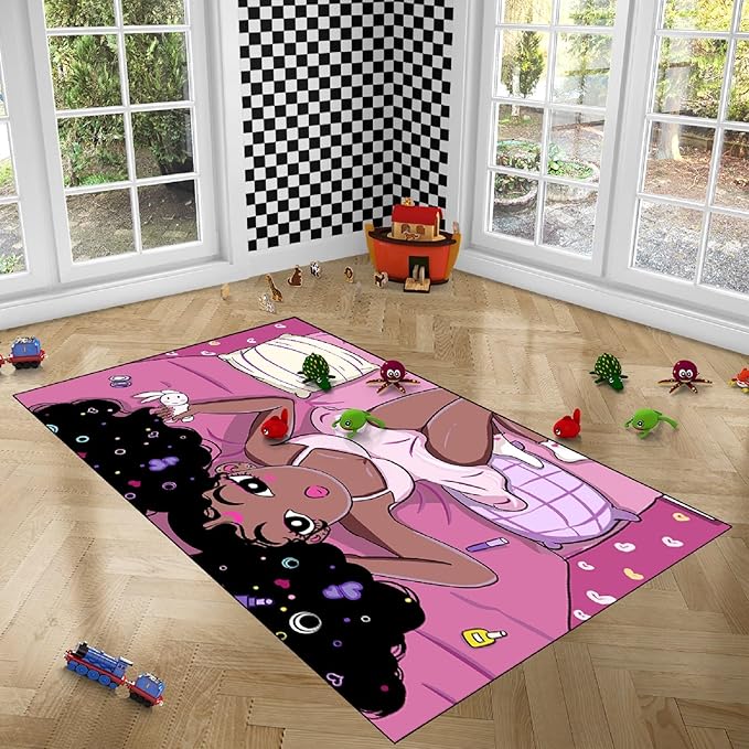 Black Magic Girls for Bedroom Large Cute African American Girls Floor Rugs for Bedroom Black Magic Girl Area Rug Girls Room Decor Pink Room Decor for Teen Girls, 5'×7'