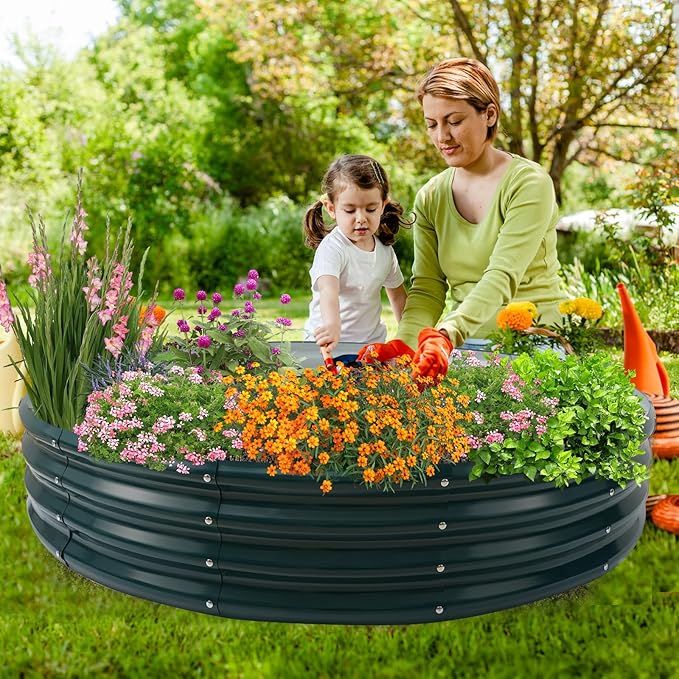 Galvanized Raised Garden Bed for Gardening - 5x5x1ft Large Thickened Metal Planter Box Outdoor for Vegetables, Flowers,Herbs,Above Ground Garden Containers Round,Green