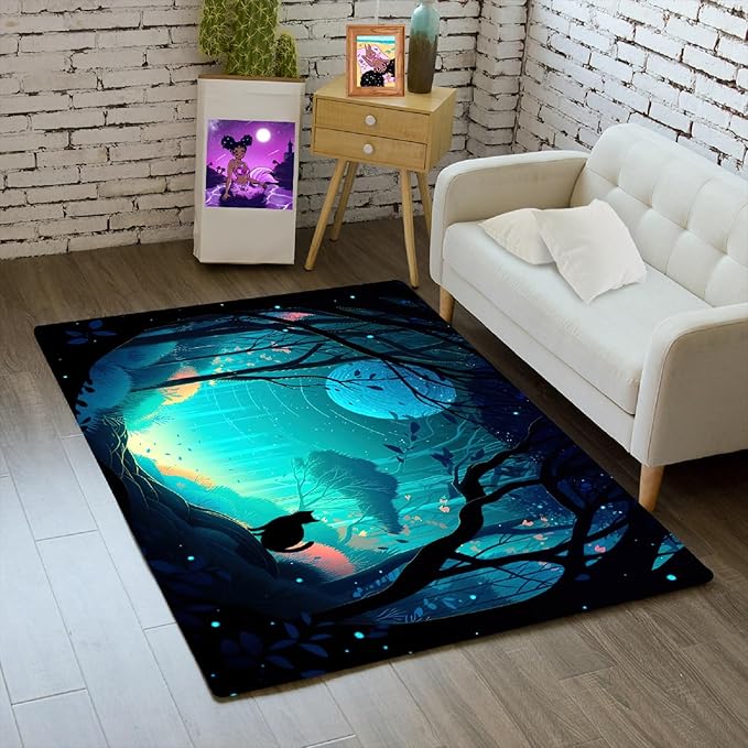 Cat Rug - Magic Black Cat Rug for Home Decor Moon Black Cat Rug for Boys Room Cat Door Mats Outdoor Entrance Forestscape Cat Rug, 2x3 Feet