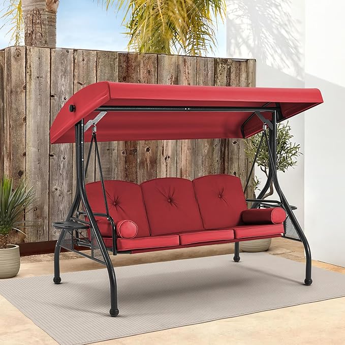 HOMREST 3 Seat Outdoor Porch Swing with Adjustable Canopy, Convertible Patio Swing Bed with Stand, Patio Glider Swing with Upgraded Cup Holder, Thicken Cushions & Pillow for Backyard (Wine Red)