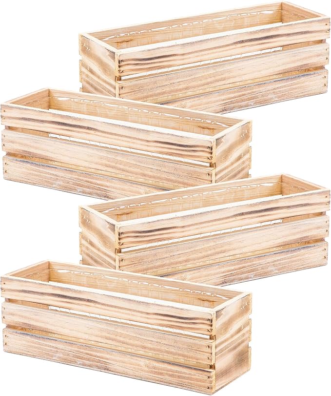 Wood Planter Box with Wine Crate Styled, 12x4 Inch Rectangular, Whitewash, Plastic Liner, Garden Centerpiece Display, Wedding Flowers Holder, Home and Venue Decor (12x4 Wine Crate Set of 4, Whitewash)