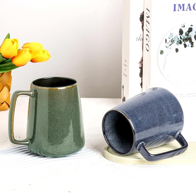 Large Ceramics Coffee Mugs,24 OZ,With Spoon And Wooden Lid,For Coffee,Tea,Cocoa,Large Handle Design,Microwave And Dishwasher Safe(Color:24 oz blue set)