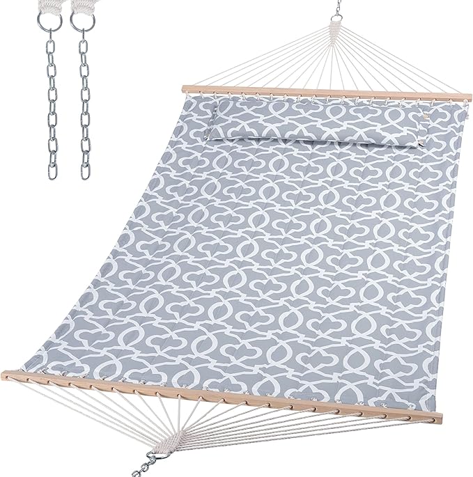 SUNCREAT Double Quilted Hammock with Hardwood Spreader Bar, Extra Large Soft Pillow, Heavy Duty 2 Person Hammock for Indoor, Outdoor, Grey Pattern