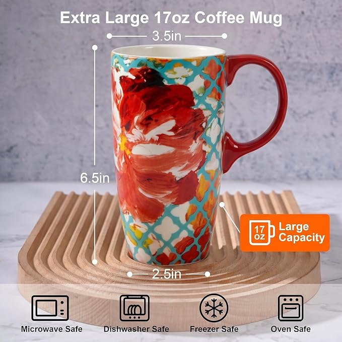 Topadorn 17oz Ceramic Travel Mug with Lid, Colorful Floral Coffee Mug | Artistic Ceramic Travel Cup, Microwave & Dishwasher Safe, Gift Box Included
