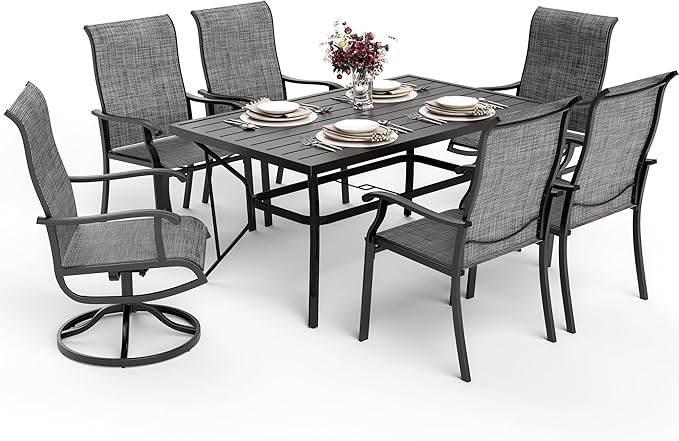 Pamapic 7-Piece Outdoor Dining Set, Patio Dining Set for 6, All-Weather Outdoor Patio Set with 2 Textilene Swivel Chairs & 4 Regular Chairs for Garden, Poolside, Deck,Gray