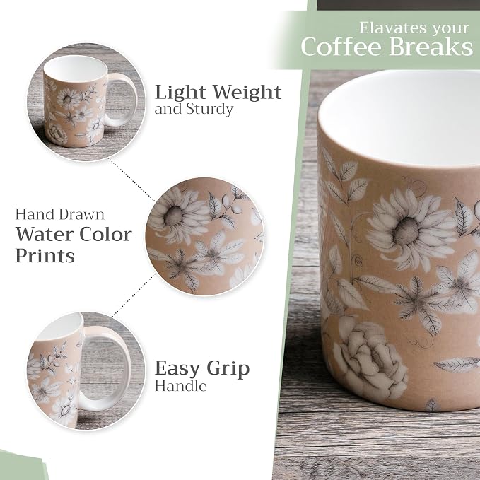 Maison d' Hermine Coffee Mug with Handles Tea Cups (15 Ounce, Pack of 1) | Fine Bone China Coffee Mugs for Hot Beverages Cappuccino Latte Home Restaurant Spring Summer -Pretty Autumn - Mono Autumn