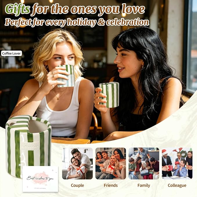 10 oz Ceramic Coffee Mug with Sip Hole & Silicone Sleeve, Green | Cute Hand-Painted Striped Porcelain, Gift for Coffee Lover, Cold & Hot Drinks, Microwave & Dishwasher Safe