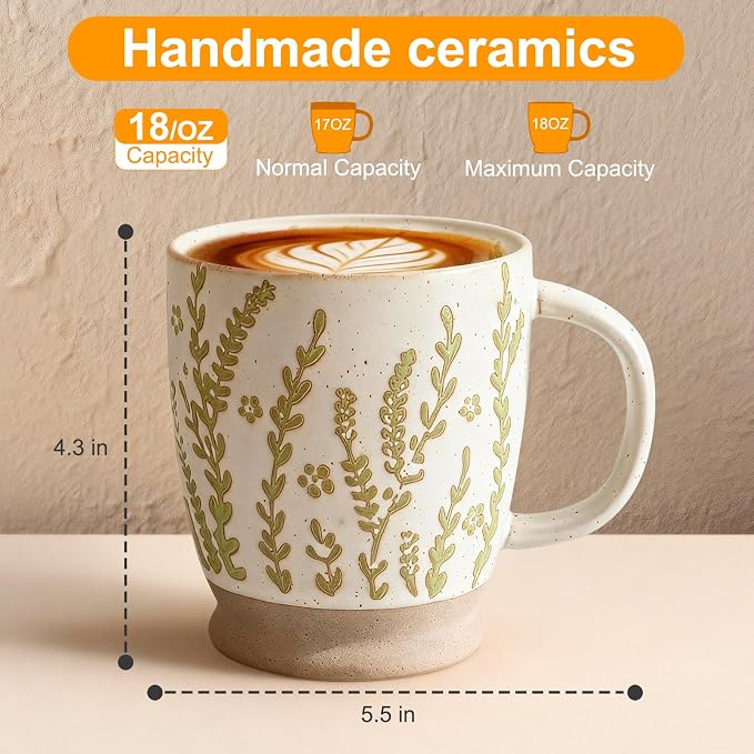 18oz Coffee Mug Gift for Women Mom Her - Rustic Handmade Coffee Cup | Microwave & dishwasher safe. Mug for latte, cocoa, tea, milk, milkshake. Home office essential. Great gift for mom or her