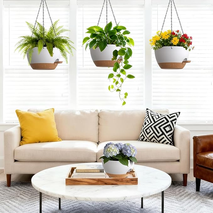 Set of 3-10 Inch Self Watering Hanging Planters for Indoor Outdoor,Hanging Plant Pots with Drainage & Removable Tray, Hanging Pots Holder for Pothos Plant, Ferns, Balcony & Patio,White with Brown