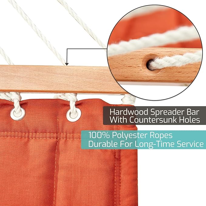 Double Quilted Fabric Hammock with Hardwood Spreader Bars and Pillow 450 LBS Capacity 2 Person Large Hammock for Outdoor Patio Backyard Poolside - Terracotta