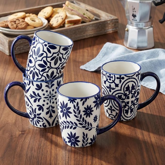 glowworm Coffee Mugs, 16 Ounce Ceramic Coffee Cups Set of 4, Blue & White | Large Latte Cups with Handle for Tea, Mocha, Milk, Perfect for Family Kitchen & Holiday Gifts, Dishwasher & Microwave Safe