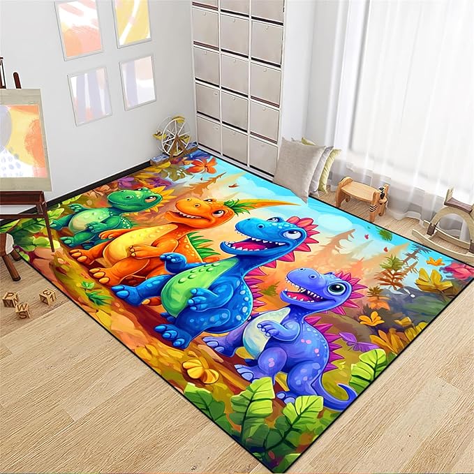Dinosaur Rug for Boys Room - Colorful Cute Dino Rug for Room Kids Carpet for Bedroom Boys Bedroom Rug Cartoon Dinosaur Rug Cute Dinosaur Rugs for Boys Bedroom,2'5''×4'