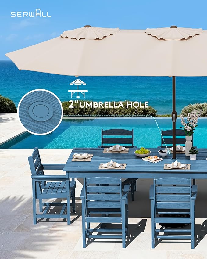 SERWALL 9 Piece Outdoor Dining Set, 84" HDPE Outdoor Table and Chairs for 8,All Weather Patio Furniture Set with Umbrella Hole for Backyard, Garden, Blue