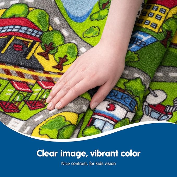 Booooom Jackson City Playmat Rug, Green, 60 x 32 inches, Non-Slip, Machine Washable, Compatible with Hot Wheels and Matchbox Cars, Ideal for Kids Room or Playroom