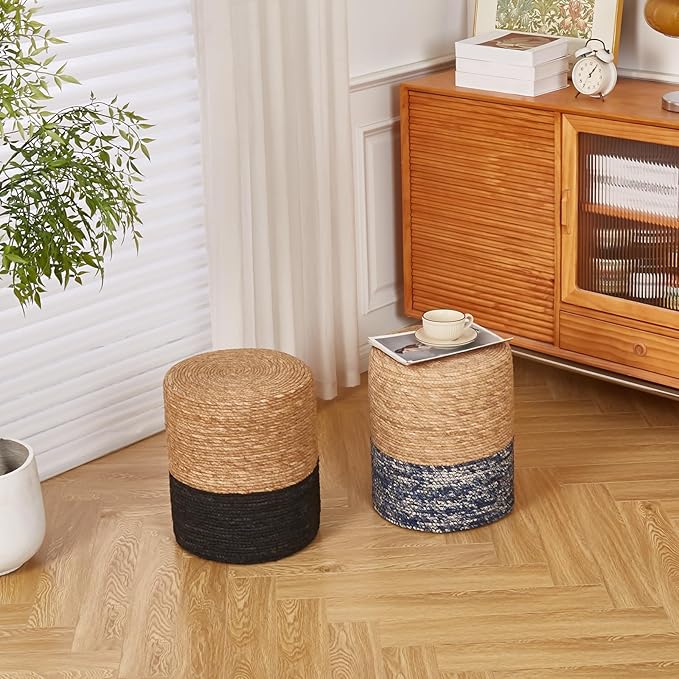 Wimarsbon Natural Seagrass Foot Stool, Hand Weaving Round Ottoman, for Living Room, Outdoor Seat (Natural & Blue)
