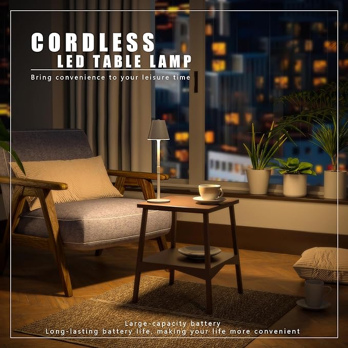 LED CordlessTable Lamp,4000mAh Rechargeable Battery Desk lamp,3 Level Brightness Beside Night Light, Minimalist Design, for Couple Dinner/Coffee Table/Restaurant/Bedroom(White 4PACK)