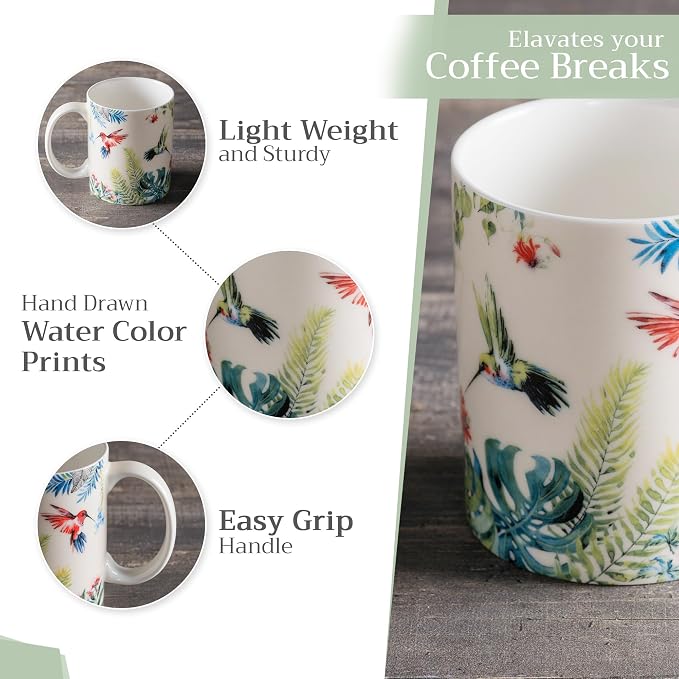 Maison d' Hermine Coffee Mug with Handles Tea Cups (12 Ounce, Pack of 1) | Fine Bone China Coffee Mugs for Hot Beverages Cappuccino Latte Home Restaurant Hotel Spring Summer -Tropiques - Colibris