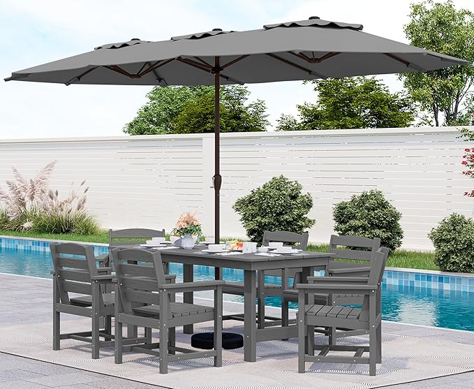 SERWALL 8-Piece Patio Dining Sets with 15FT Double Side Patio Umbrella, Outdoor HDPE Dining Furniture Set with Umbrella Hole Cut-Out Table and 6 Chairs, Gray(Umbreall Base not Included)