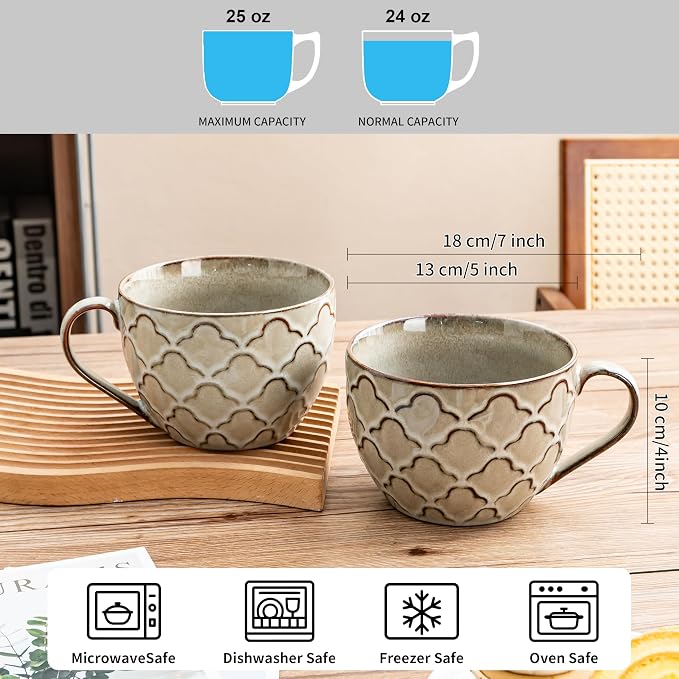 24 oz Coffee Mug, Ceramic Extra Large Coffee Mugs with Handles, Grey | Large Soup Mugs for Cappuccino, Ramen, Oatmeal, Soup Mugs with Handles, Dishwasher and Microwave Safe, Housewarming Gift