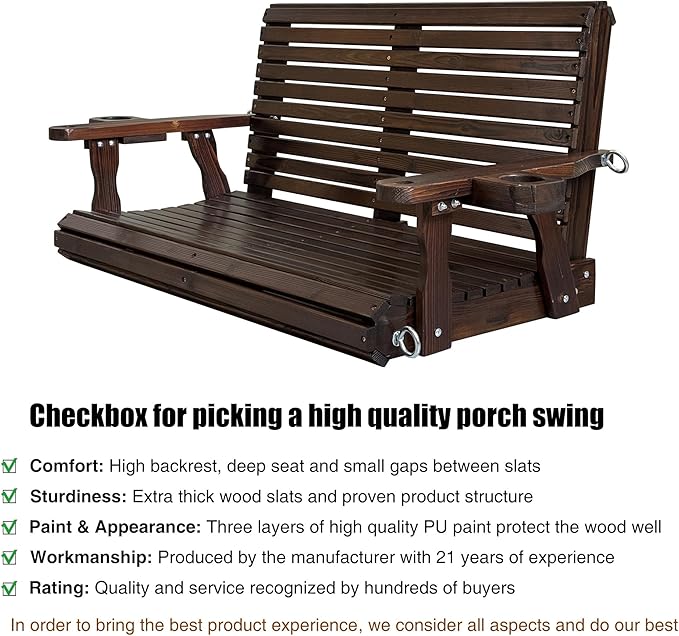 Wooden Porch Swing 2-Seater, High Backrest and Deep Seat, Bench Swing with Cupholders, Hanging Chains and 7mm Springs, Heavy Duty 880 LBS, for Outdoor Patio Garden (Deep Brown, 4 FT Extra Large)