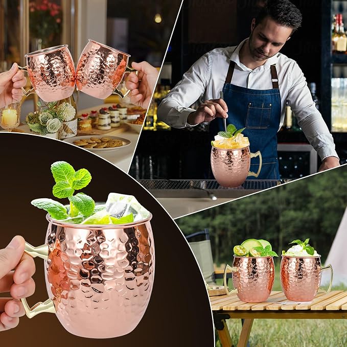 Amrules Moscow Mule Mugs Set of 4, 16 OZ Hammered Copper Cups with 304 Stainless Steel Lining and Gold Brass Handles, for Cold Drinks, Beer, Wine, Bars, Parties