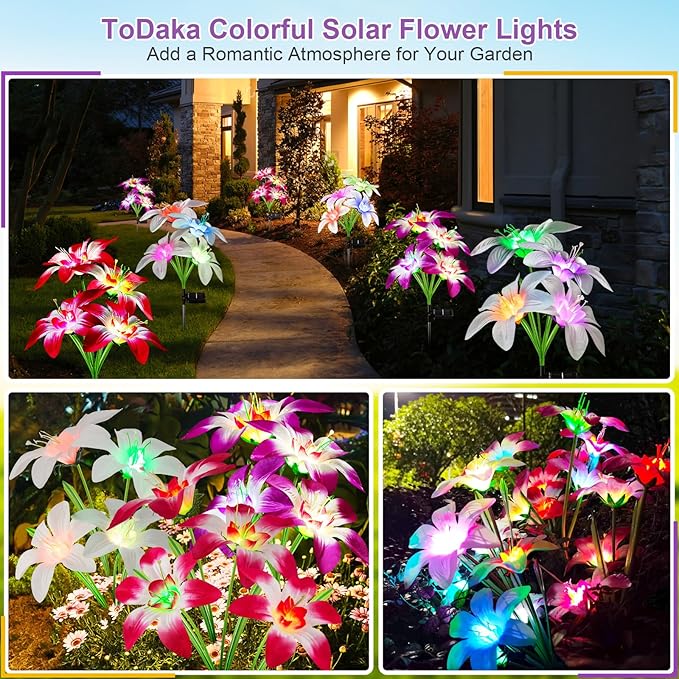 Solar Lights Outdoor Waterproof, 4 Pack Upgraded Garden Lights Solar Powered with 16 Double Layer Lily Flowers, Colorful Outdoor Solar Lights for Outside Yard Patio Garden Decor