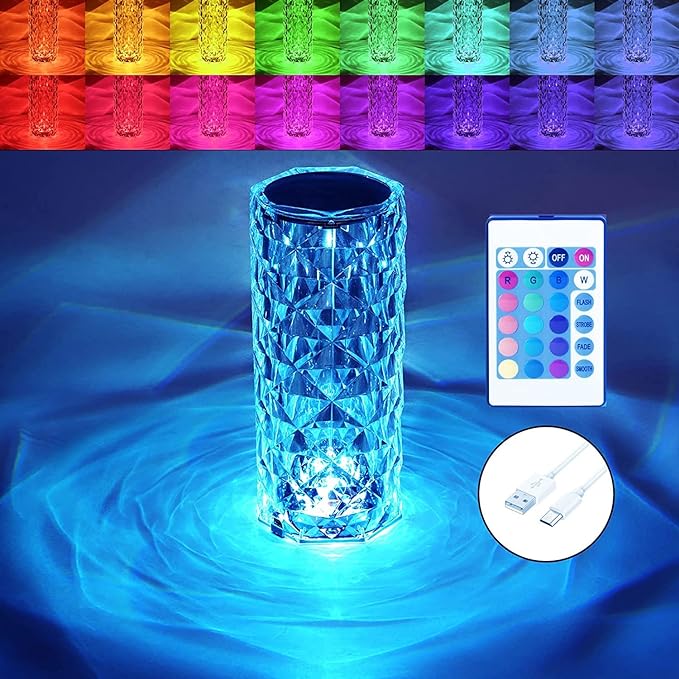 BGFHome Crystal Table Lamp RGB Color Changing Night Light ,Romantic LED Rose Diamond Touch Lamps for Living Room (Remote & Touch