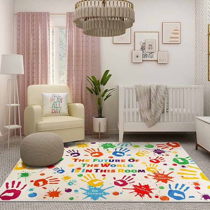 Colorful Kids Rug, Washable Rug for Kids, Handprints Area Rugs for Kids Bedroom, Non-Slip Play Mat Ultra Soft Thick Indoor Plush Rugs for Playroom Classroom Nursery Decor (59 X 39.4 INCH)