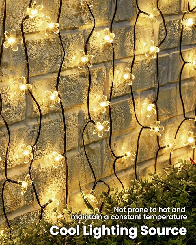 Brightown 2 Pack Total 52FT 120 LED Solar String Lights Flower Outdoor Waterproof Fairy Lights for Garden Yard Fence Patio Christmas Tree Wedding Party Decor, Warm White